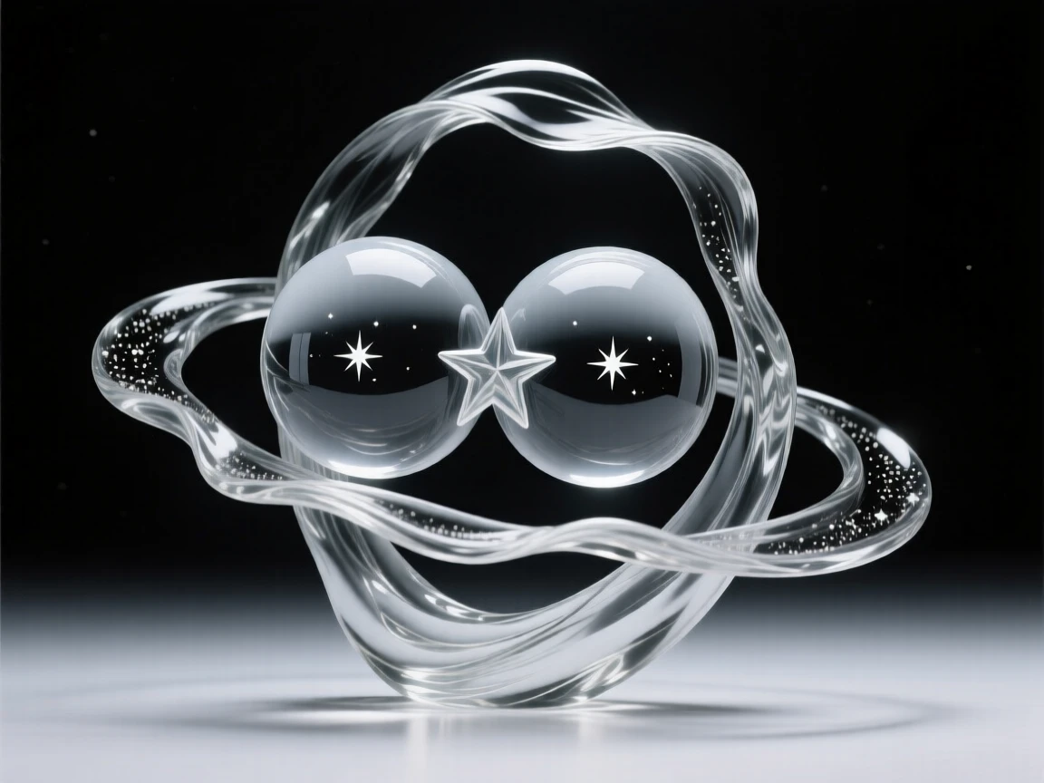 A binary star system locked in a slow orbital dance as streams of stardust flow like a river through space