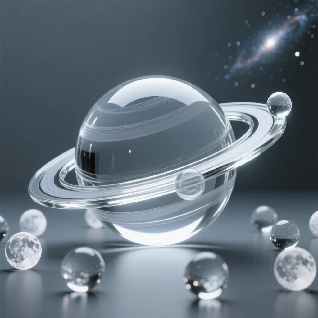 A ringed planet surrounded by a slowly rotating field of moons with a distant galaxy glowing faintly on the horizon