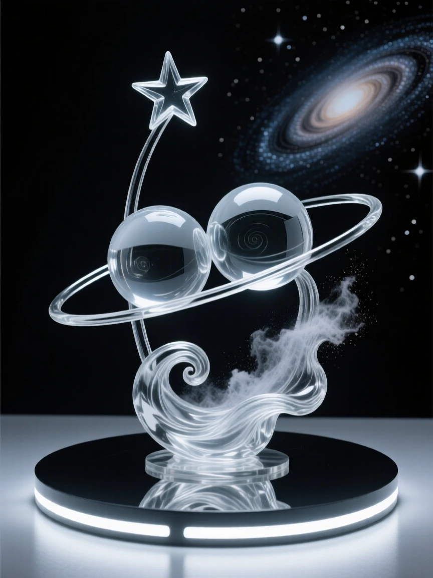 As swirling clouds of cosmic dust drift nearby, a binary star system locked in a slow orbital dance, while distant galaxies spiral slowly in the background