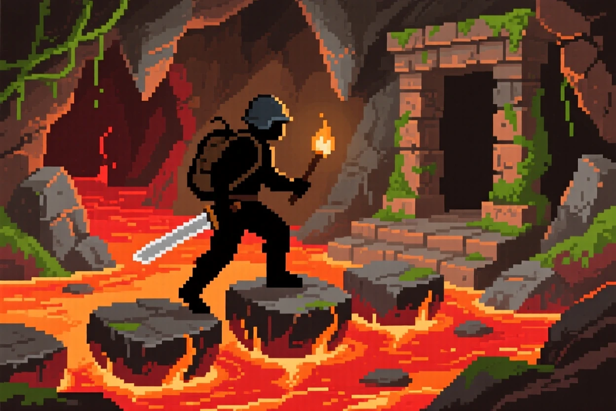 A dungeon explorer crossing a lava-filled cavern on floating rocks, inside an overgrown ancient temple.