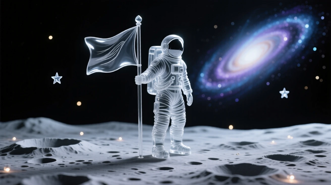 With a distant galaxy glowing faintly on the horizon, a lone astronaut planting a flag on a cratered lunar surface, while stars flicker gently against the endless dark