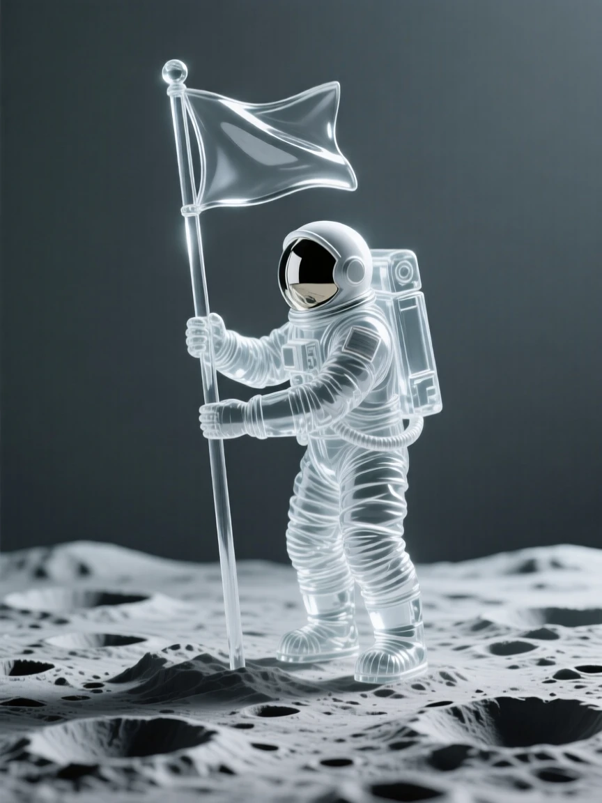 A lone astronaut planting a flag on a cratered lunar surface, surrounded by countless stars scattered across the void