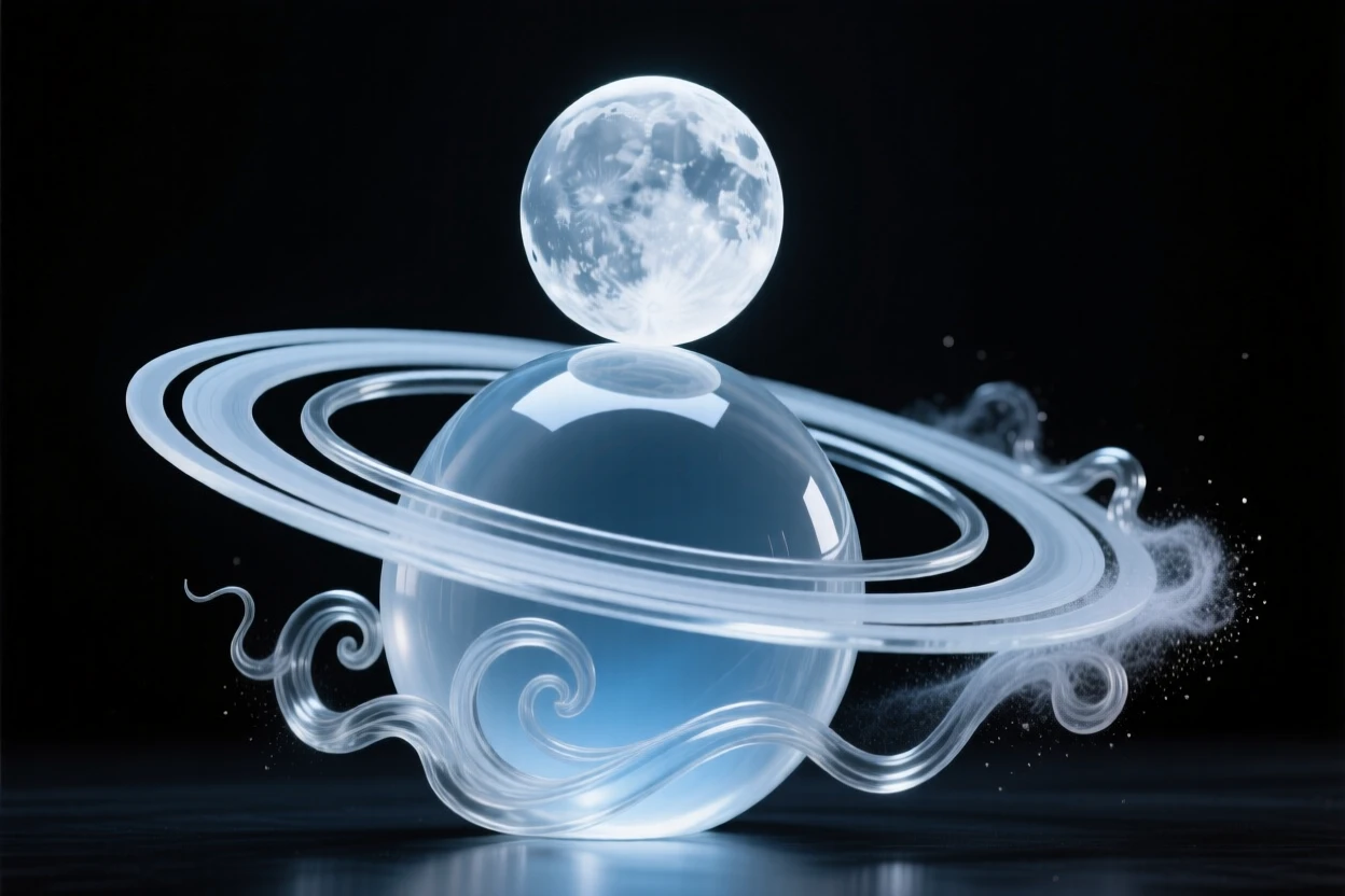 A moon rising slowly above the rings of a distant planet as swirling clouds of cosmic dust drift nearby