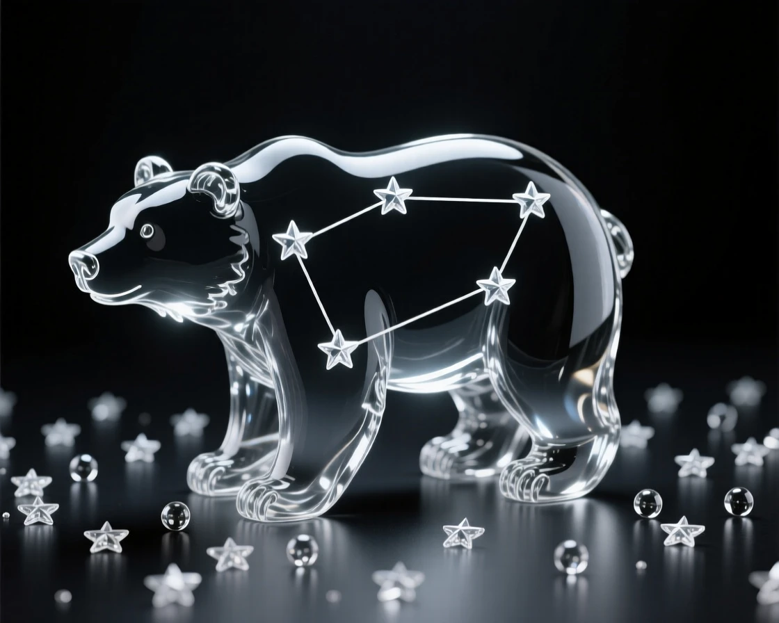 A constellation forming the outline of a great mythical bear surrounded by countless stars scattered across the void, while distant galaxies spiral slowly in the background