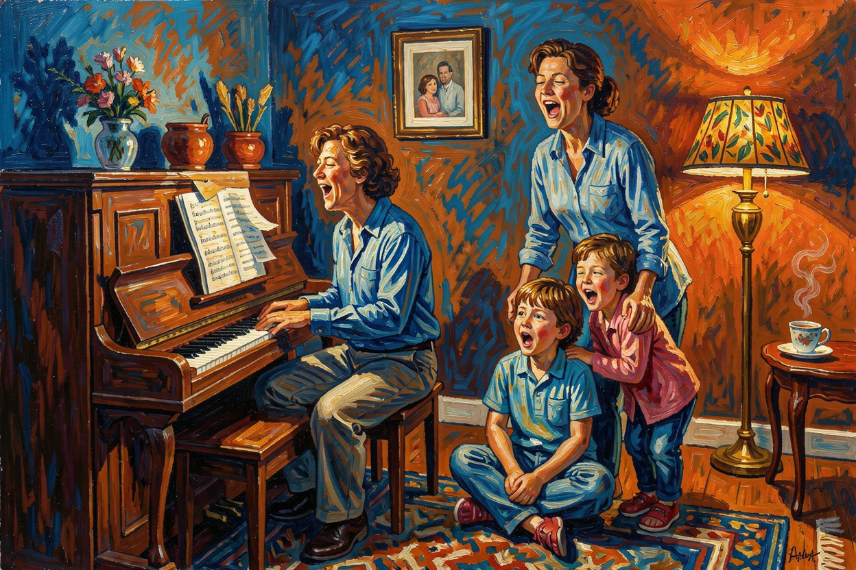 A family gathered around a piano, singing together on a quiet evening at home.