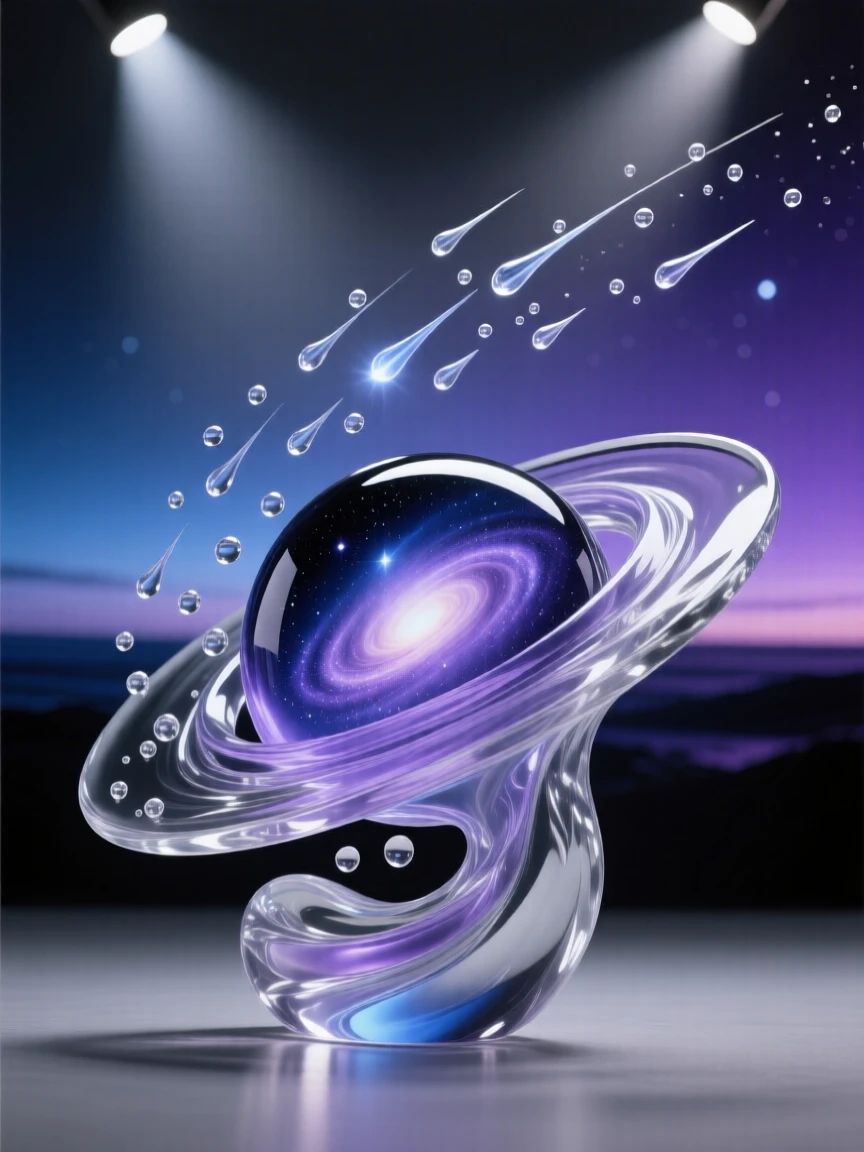 With a distant galaxy glowing faintly on the horizon, a meteor shower streaking across a deep violet sky, while stars flicker gently against the endless dark