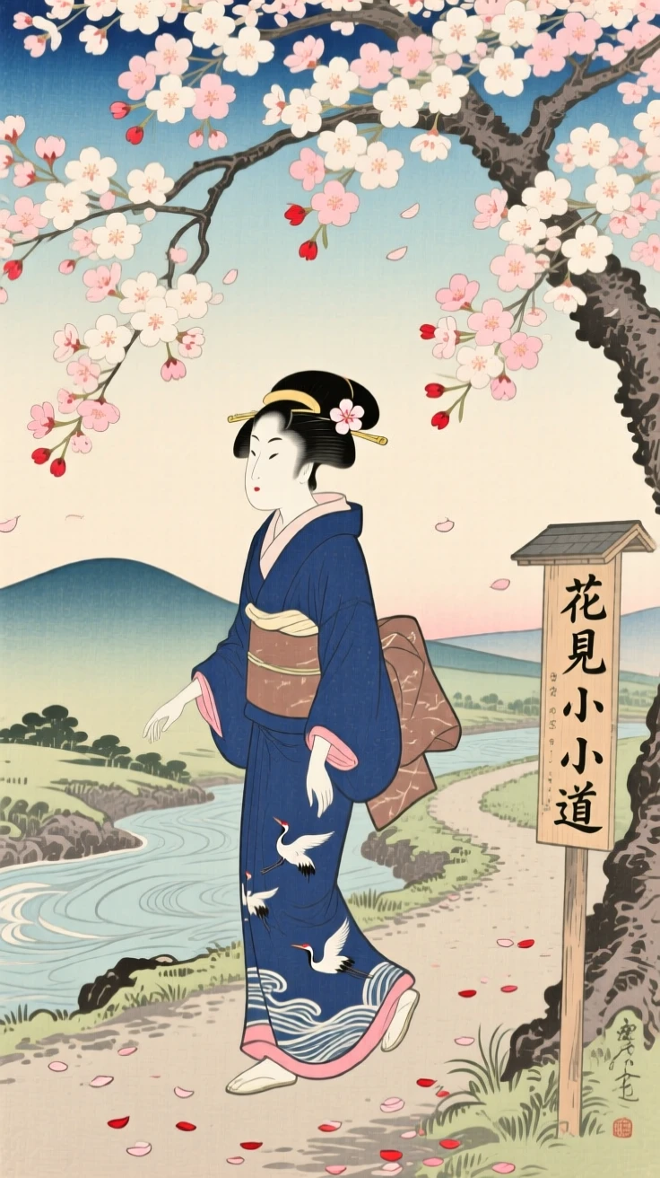 A young dancer walking beneath a canopy of cherry blossoms.
