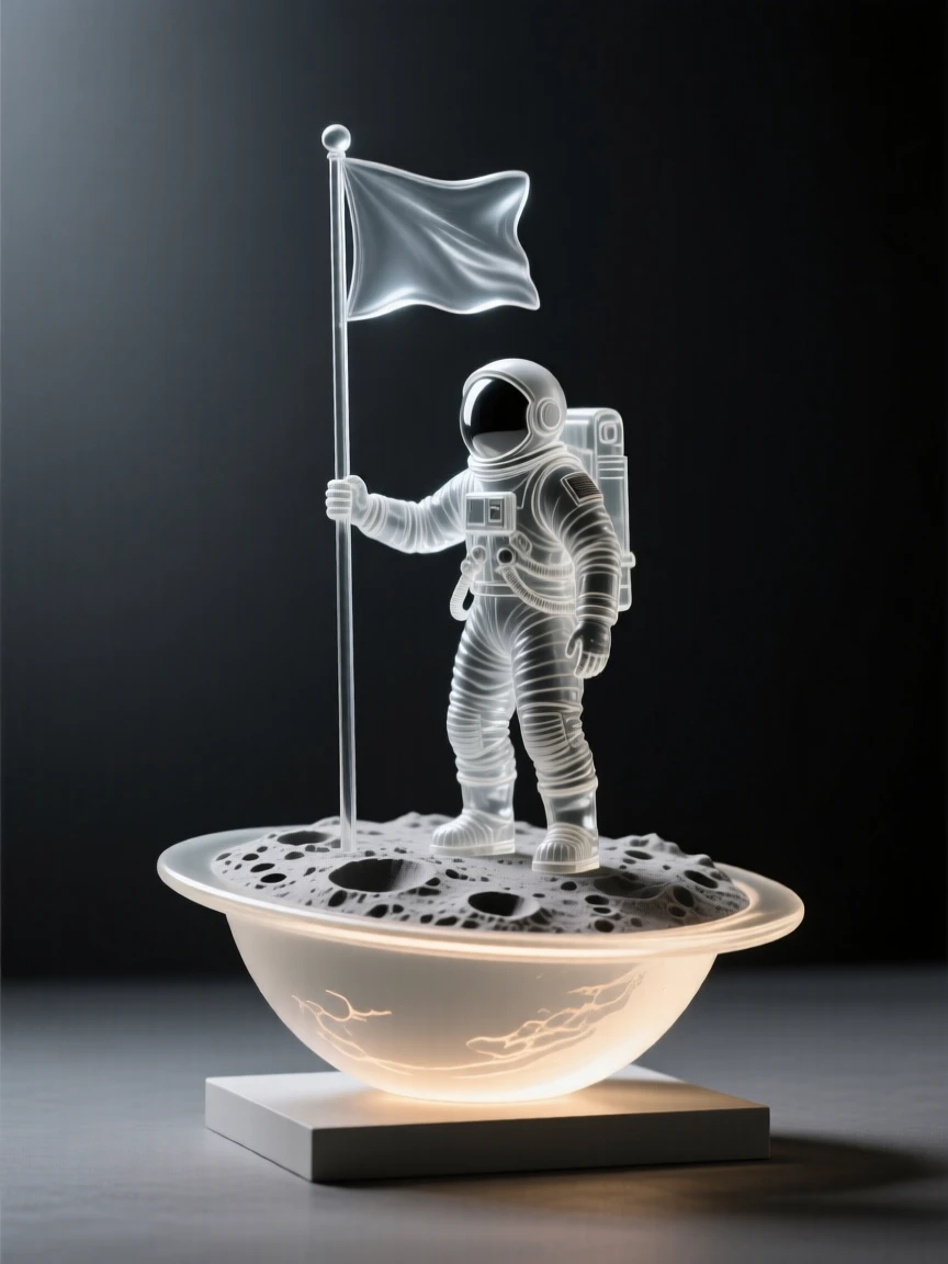With the curve of a planet glowing softly below, a lone astronaut planting a flag on a cratered lunar surface