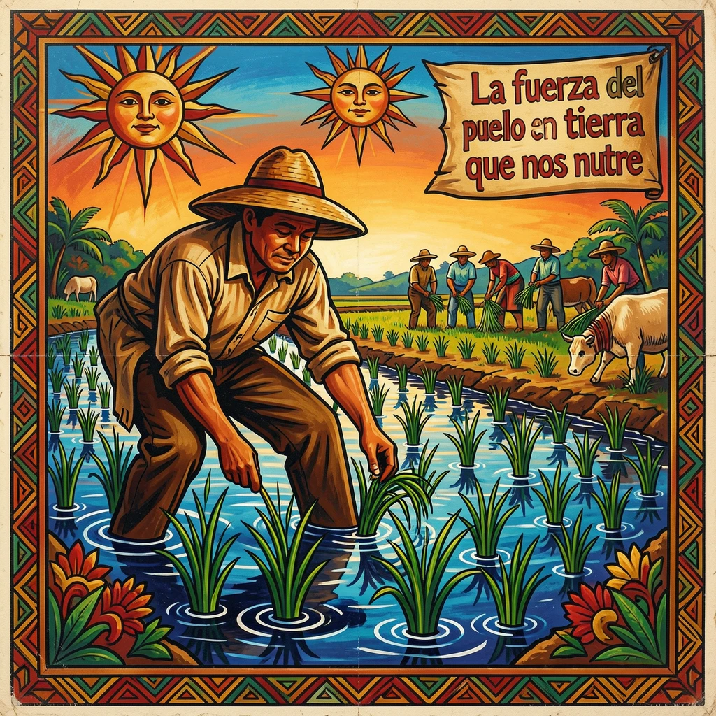 A farmer planting rice seedlings in a flooded field