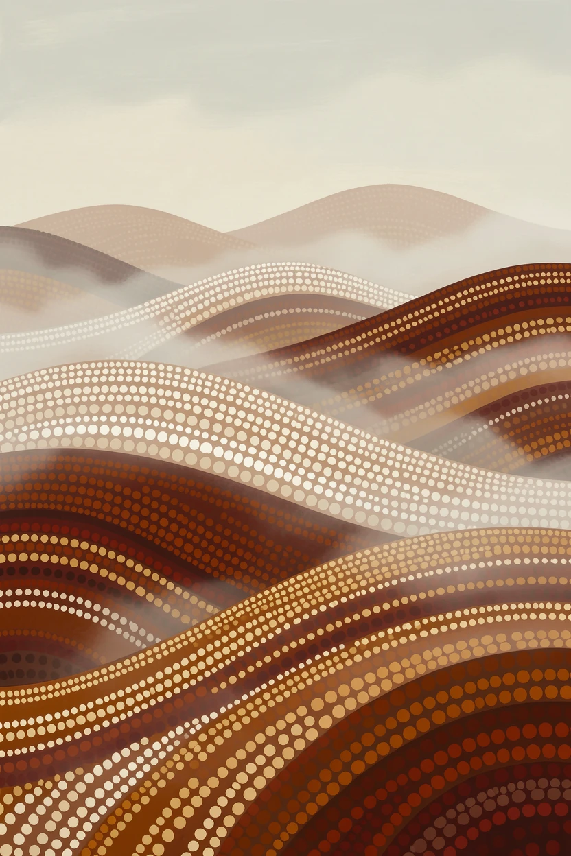 Rippling sand dunes shrouded in morning mist