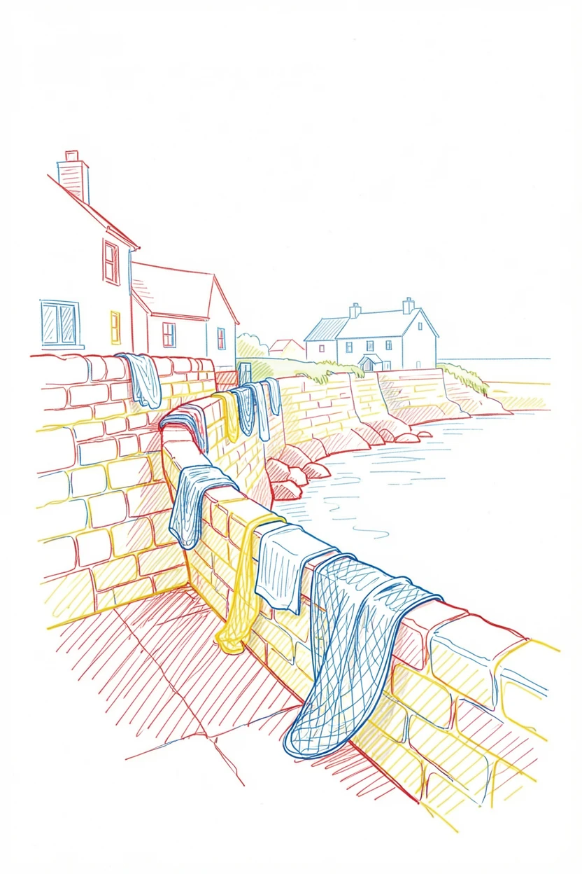 A quiet coastal village with fishing nets drying along stone walls