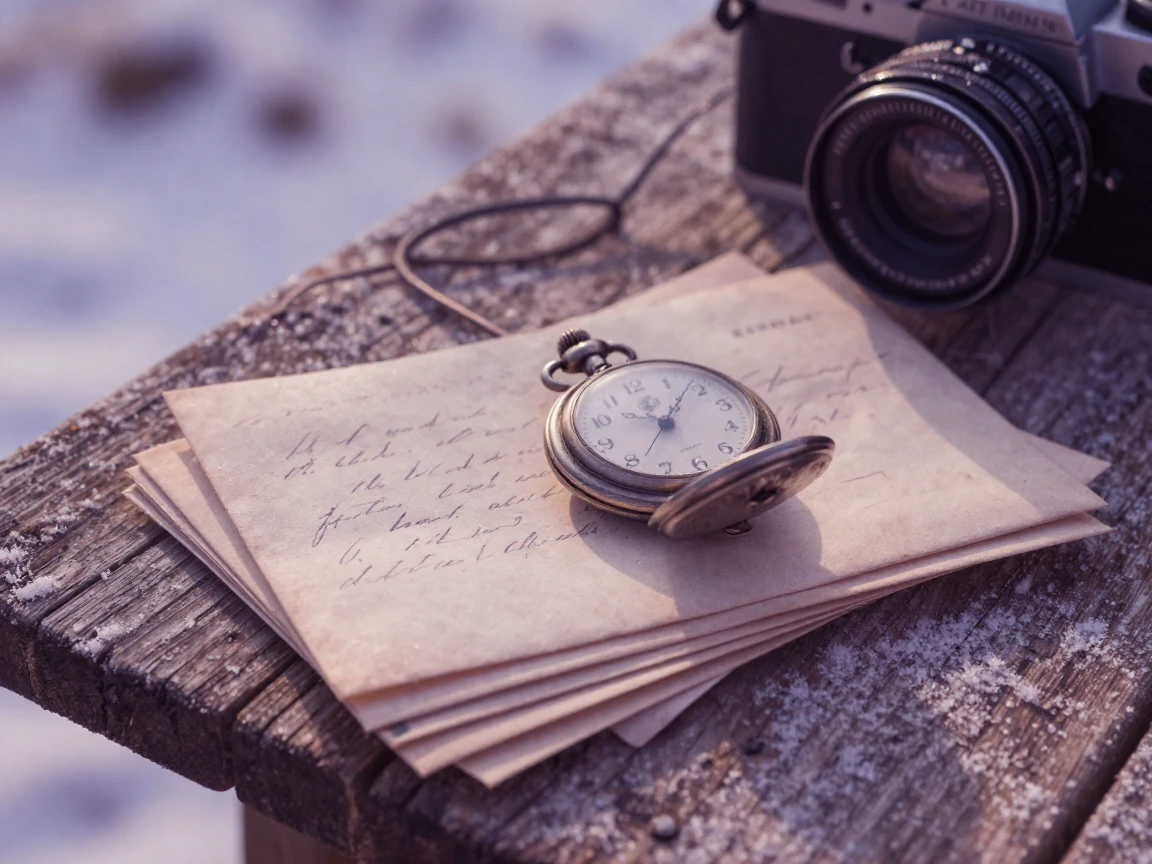 An old pocket watch resting beside a stack of handwritten letters, in gentle diffused daylight, with frost coating every surface, under the first snow of winter, in dusty lavender and rose tones, captured from a low angle looking up.