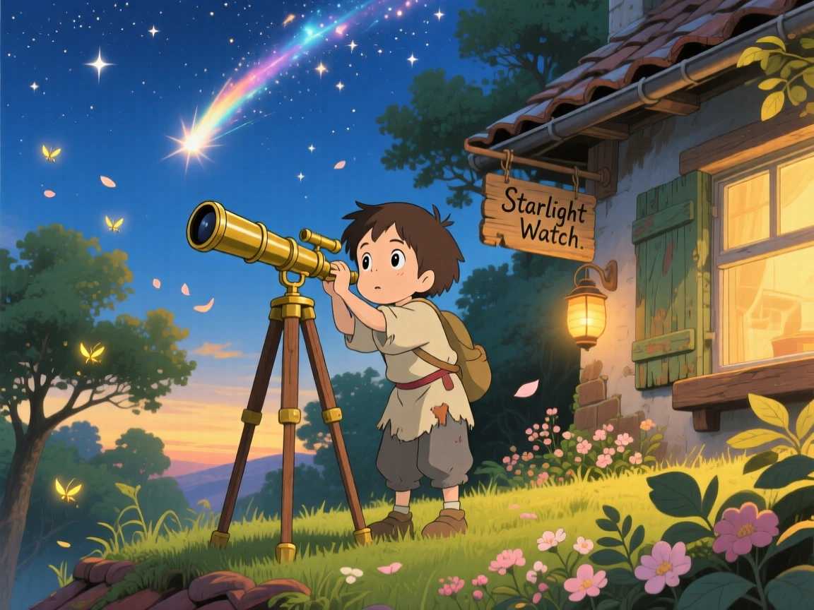 A curious child peering through an old telescope at a passing comet, the moment charged with curiosity.