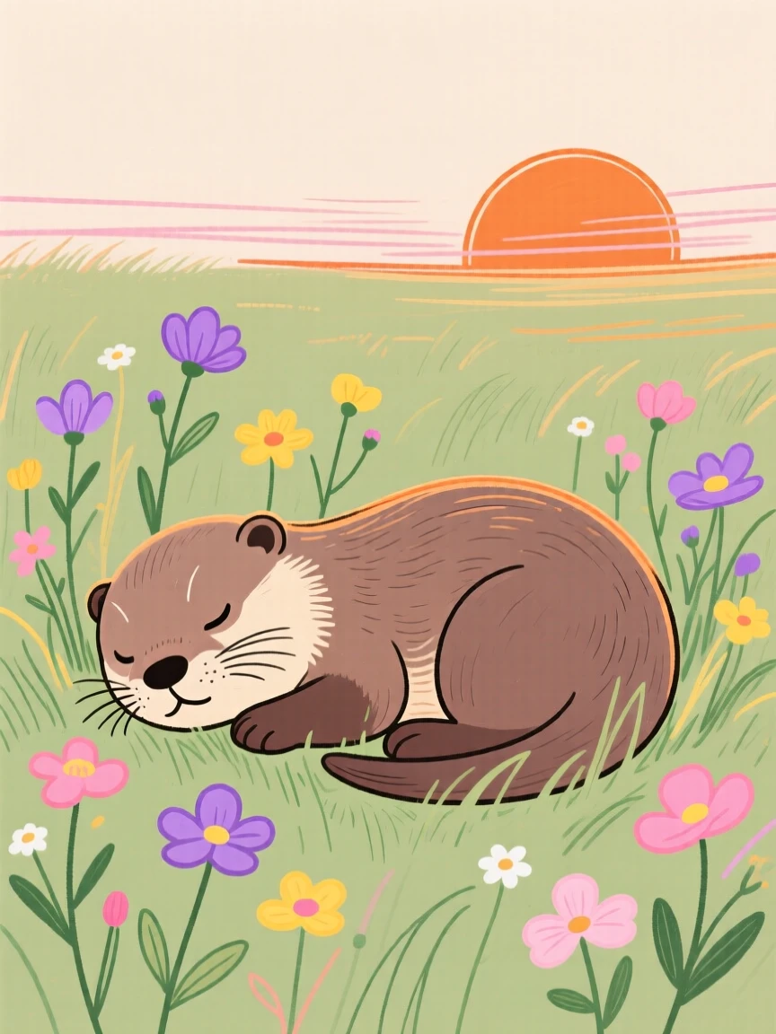 A baby otter curled up together near a wildflower field at sunset.