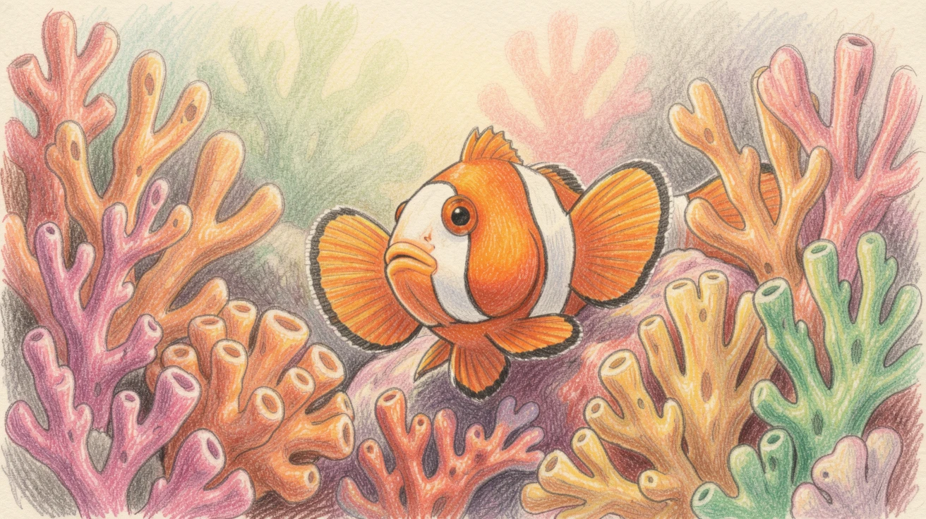 A clownfish peeking out from a colorful coral reef, captured in a quiet, intimate moment full of atmosphere, evoking warmth, beauty, and a lasting sense of wonder.