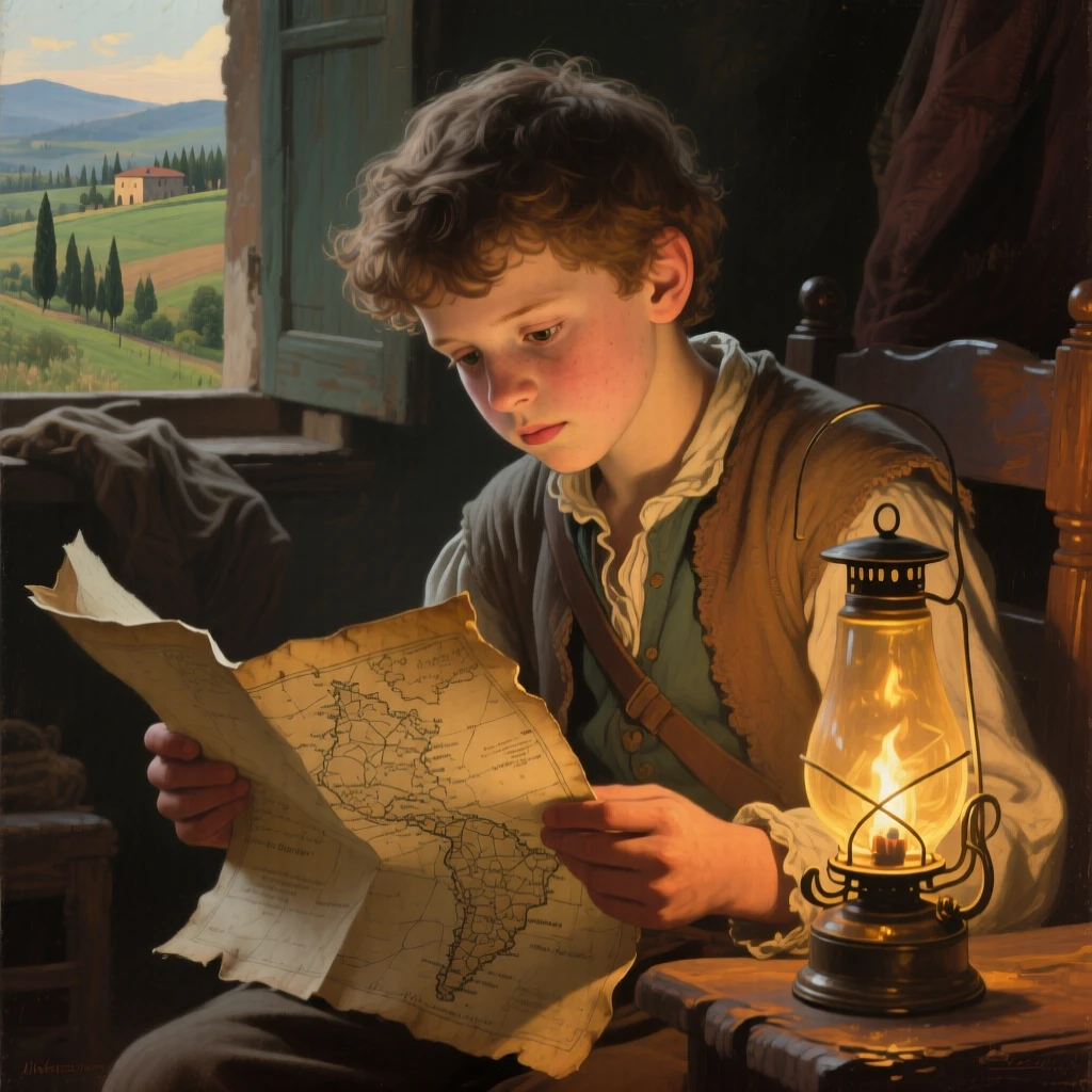 A tightly framed close-up of a young explorer studying a worn map by lantern light, in the early 19th century, in rural Tuscany.