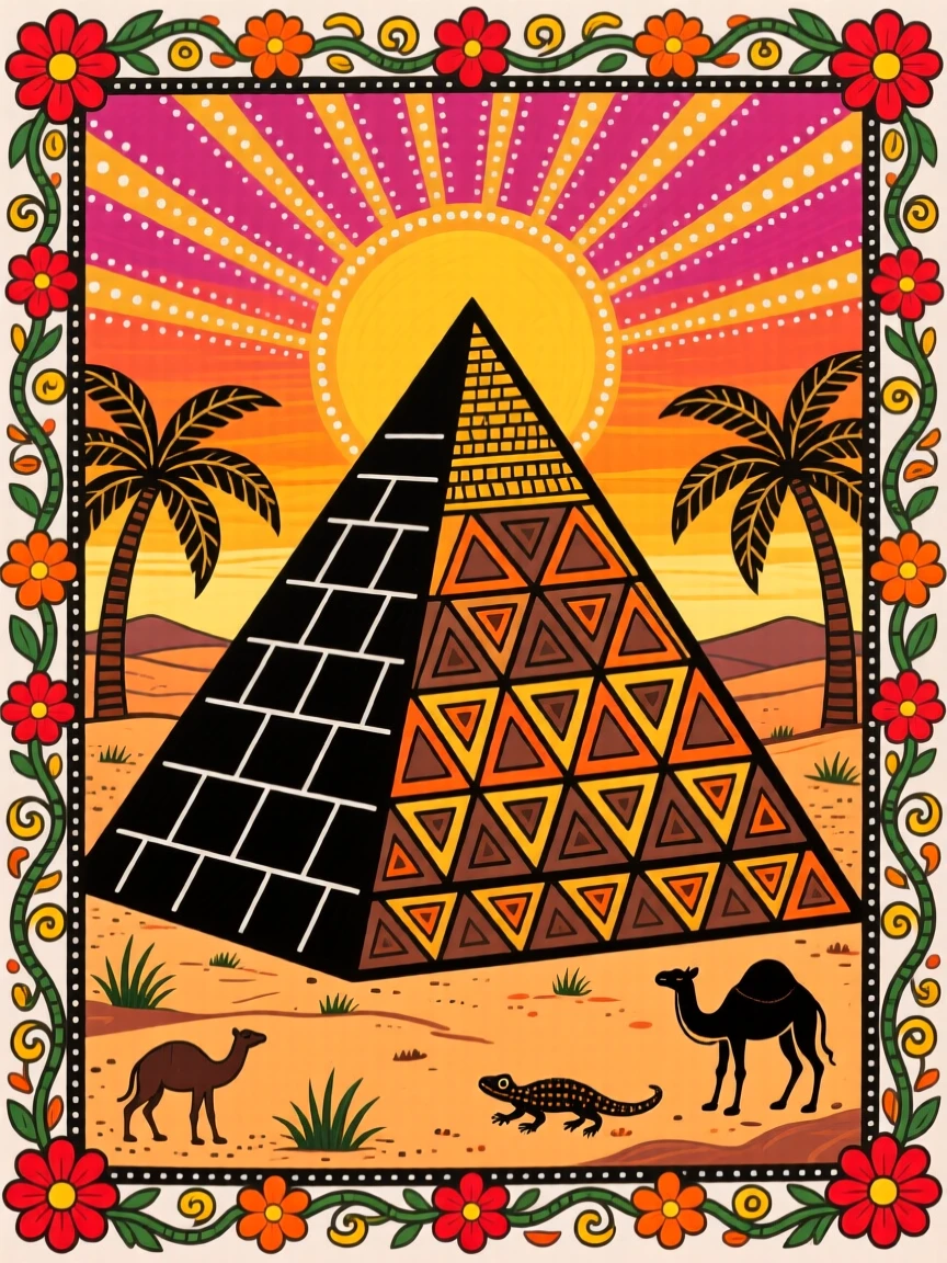An ancient pyramid standing silent beneath a desert sunset.