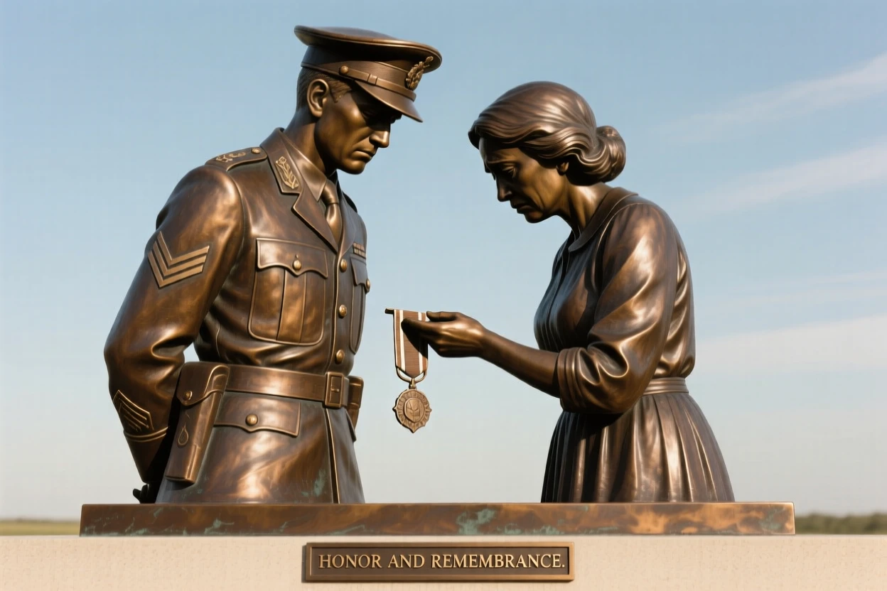 A soldier returning his medal to a grieving widow, set against a vast, open sky, forming a strong central focal point