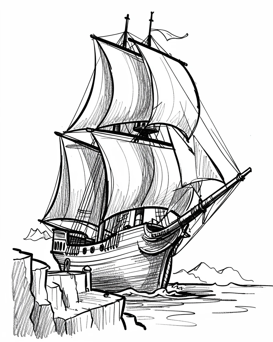 A tall sailing ship with billowing sails parked beside a scenic overlook.