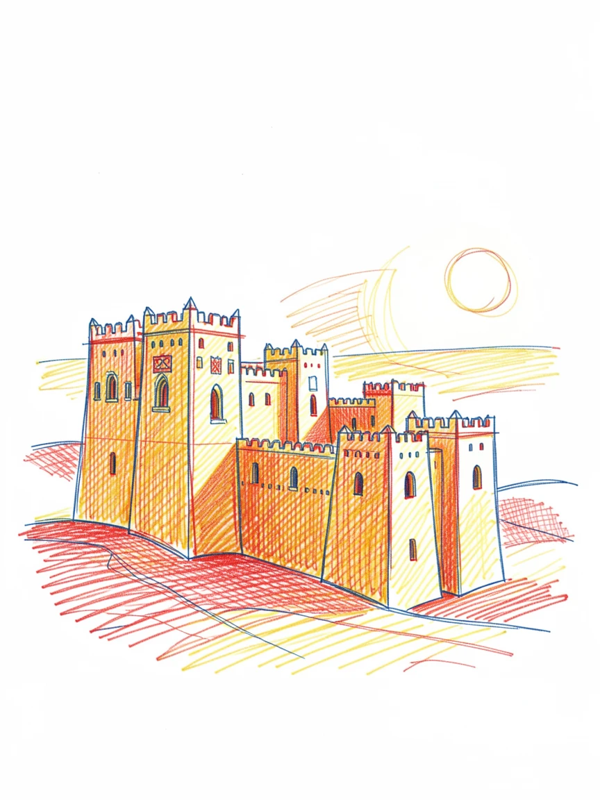 A grand desert kasbah glowing amber under a setting sun