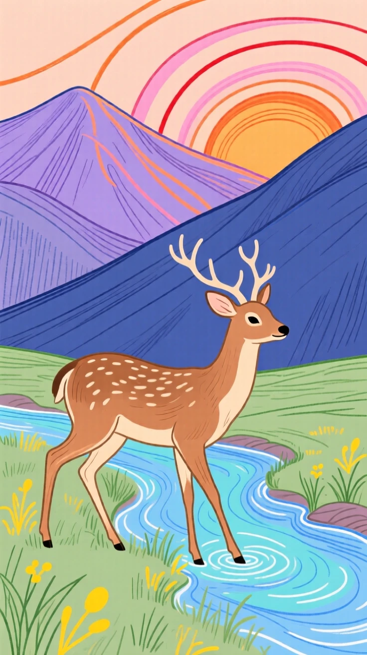 A gentle deer playing beside a mountain stream at sunset.