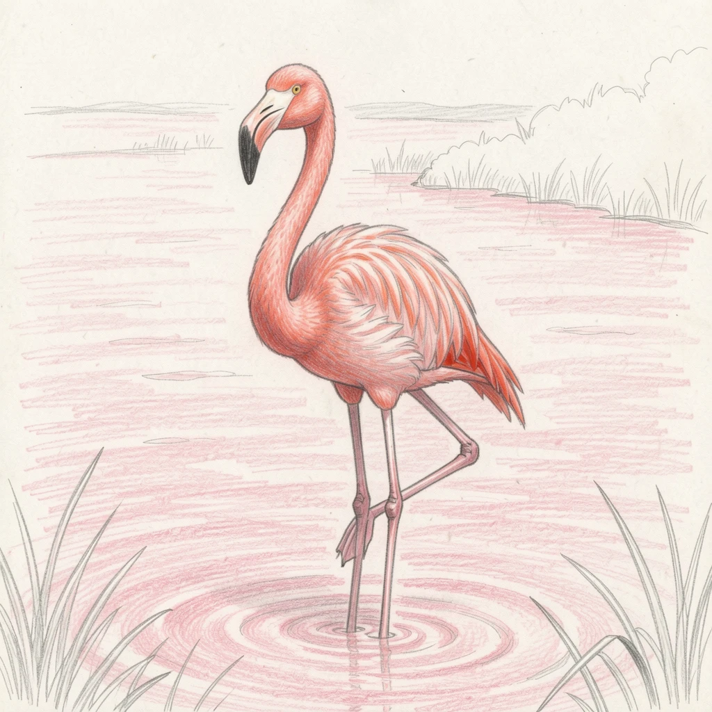 A flamingo standing gracefully in a shallow pink-tinted lagoon, framed thoughtfully to draw the eye toward the central subject, capturing a quiet story that lingers with the viewer.