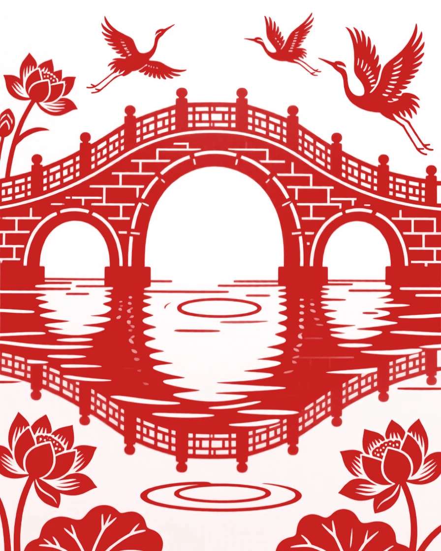 A stone bridge with nine arches spanning a wide river, each arch reflecting to form a chain of circles