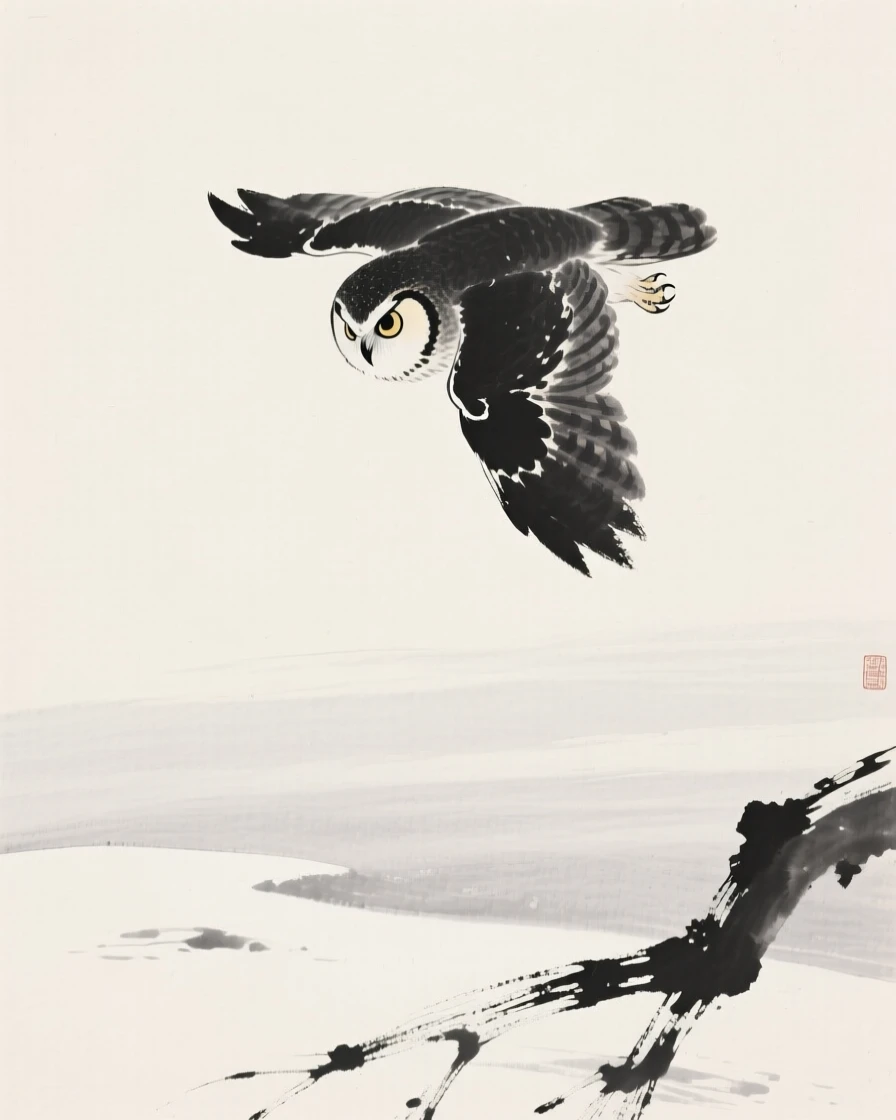 An owl soaring high against an open sky against a pale, empty winter sky, positioned in one corner, leaving airy negative space, capturing a fleeting moment of natural beauty.