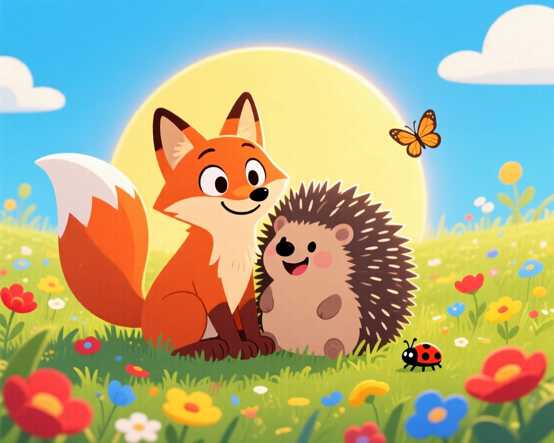 A fox and a hedgehog sharing a patch of sunlight in a meadow.