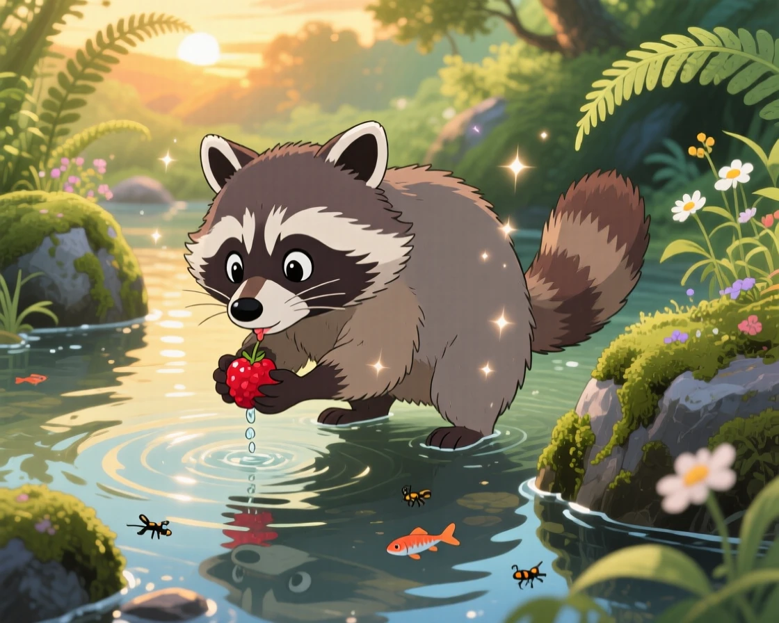 A raccoon washing a berry in a shallow stream, framed by the golden light of sunset, radiating pure charm.