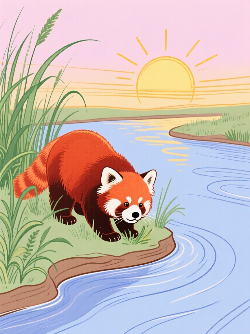 A red panda grazing along a quiet riverbank at sunset.