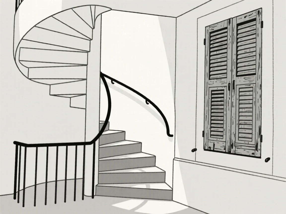 A quiet corner of a spiral staircase within a riverside district, featuring weathered wooden shutters, full of quiet elegance.