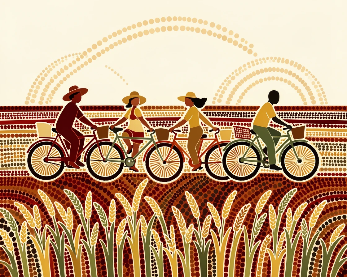 A family riding bicycles through a rice field