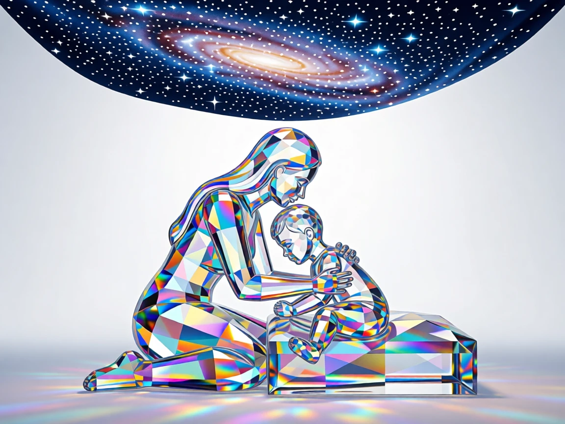 A mother lovingly tucking her child into bed under a blanket of stars painted on the ceiling.