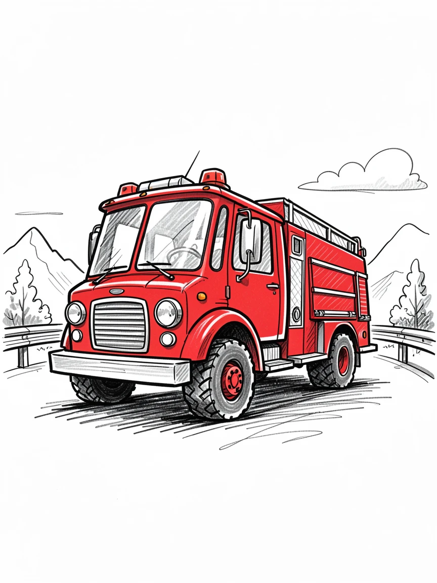 A bright red fire truck parked beside a scenic overlook.