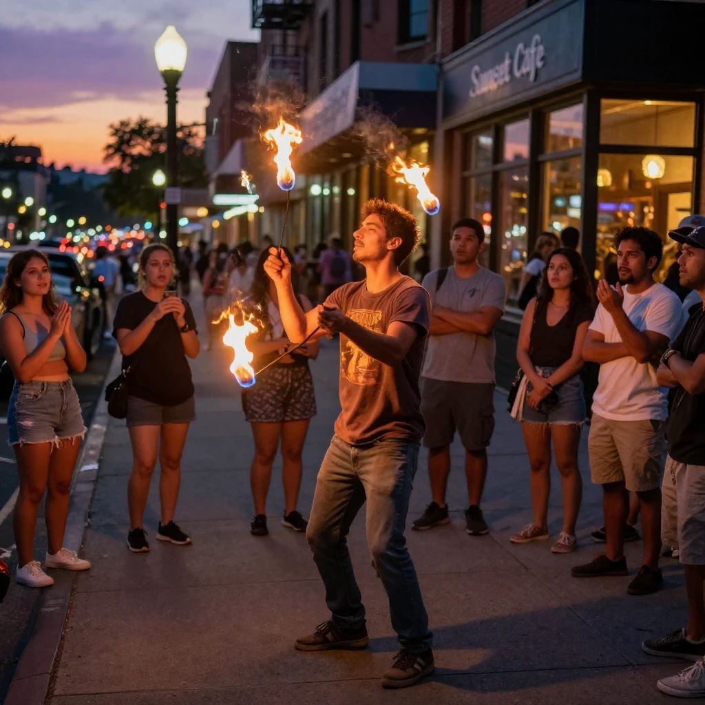 A street performer juggles fire torches for a circle of amazed onlookers at dusk.