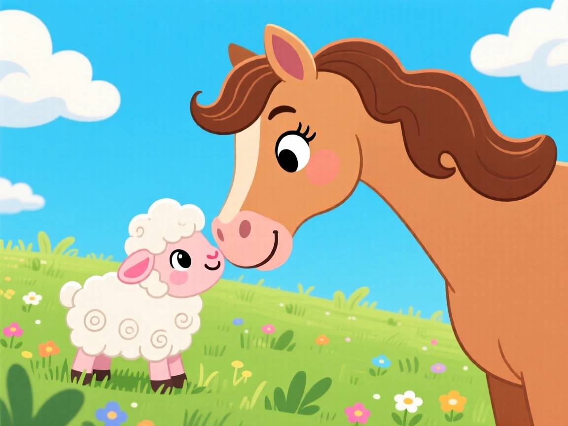 A horse nuzzling a small lamb in a quiet green pasture.