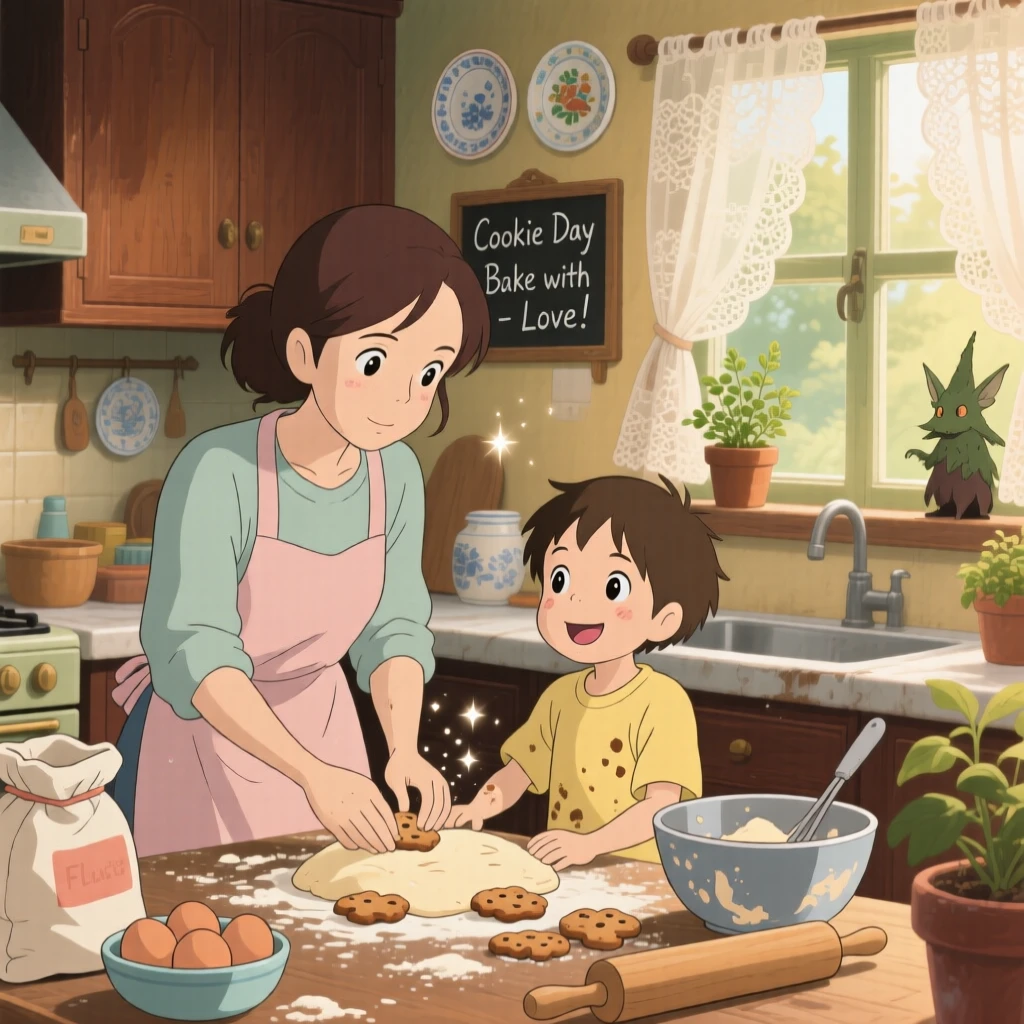 A mother and child baking cookies together in the kitchen, the scene tender and warm.
