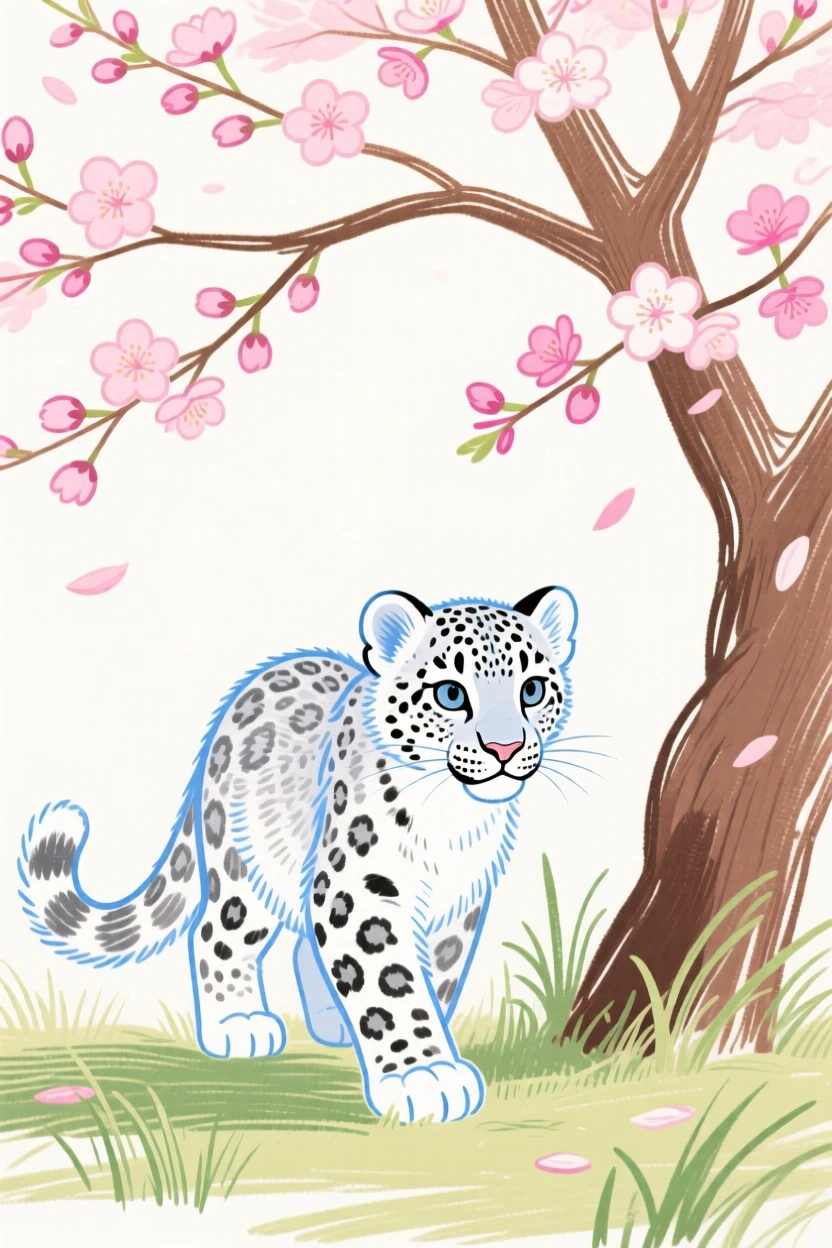 A snow leopard cub wandering under a blossoming tree on a quiet summer afternoon.