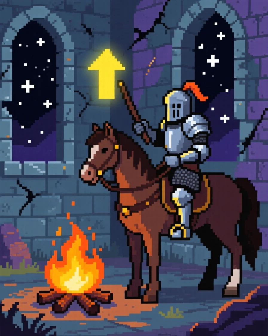 A mounted knight leveling up beside a campfire under starlight, within a haunted castle at midnight.