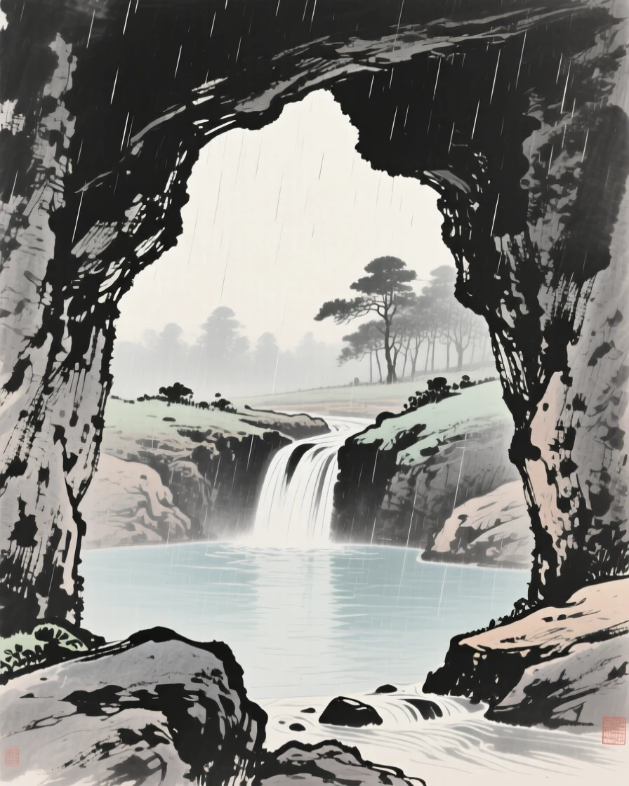 A cave mouth opening onto a hidden waterfall pool while a light rain blurs the distant tree line, framed low, with the foreground rocks leading the eye toward the distance, conveying calm reflection and gentle isolation.