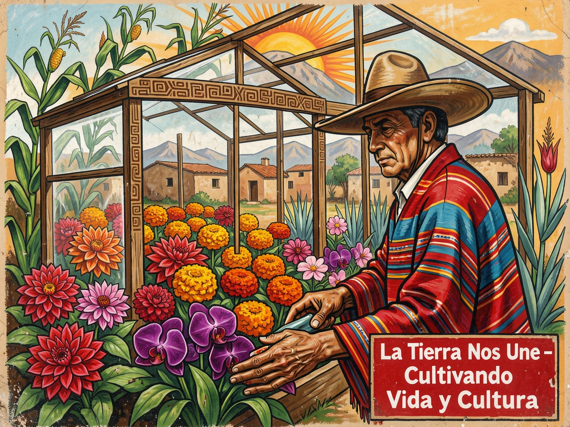 A farmer tending a greenhouse full of blooming flowers
