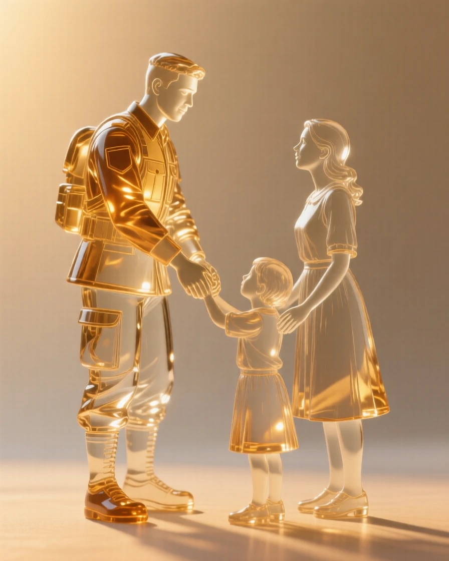A soldier reuniting with family after time apart captured in a candid, unposed moment, golden hour light wrapping around the figure, feeling authentic and moving.