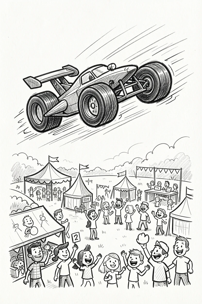 A speedy race car floating above a countryside festival.