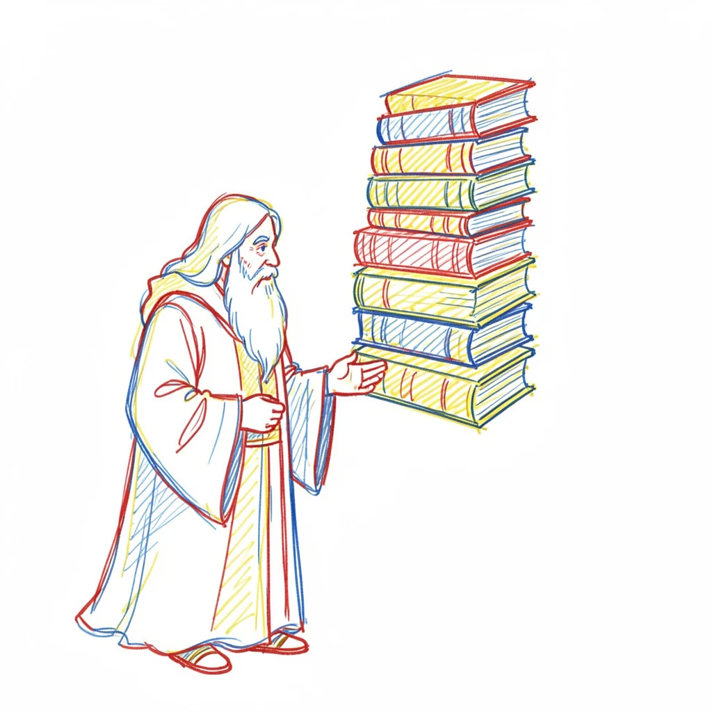 A wise old wizard standing before a floating tower of ancient books