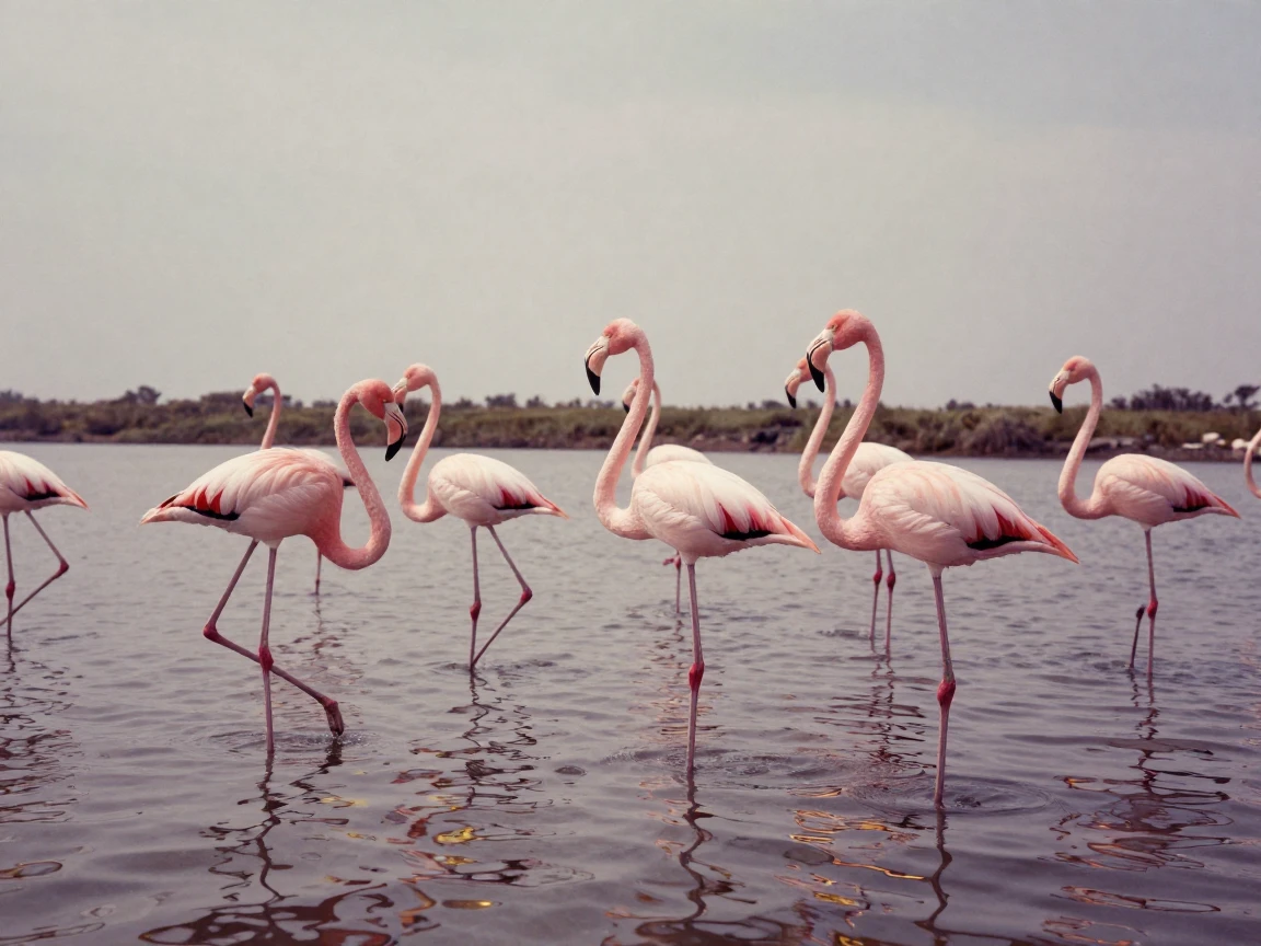 A flock of flamingos wading through shallow pink-tinged waters, under a pale winter sky, in still, windless air, during the long days of summer, with rich burgundy and gold accents, shot from directly overhead.