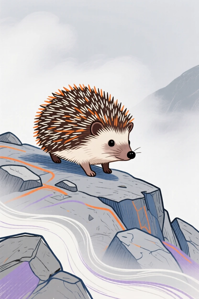 A small hedgehog wandering on a rocky hillside as fog rolls in.