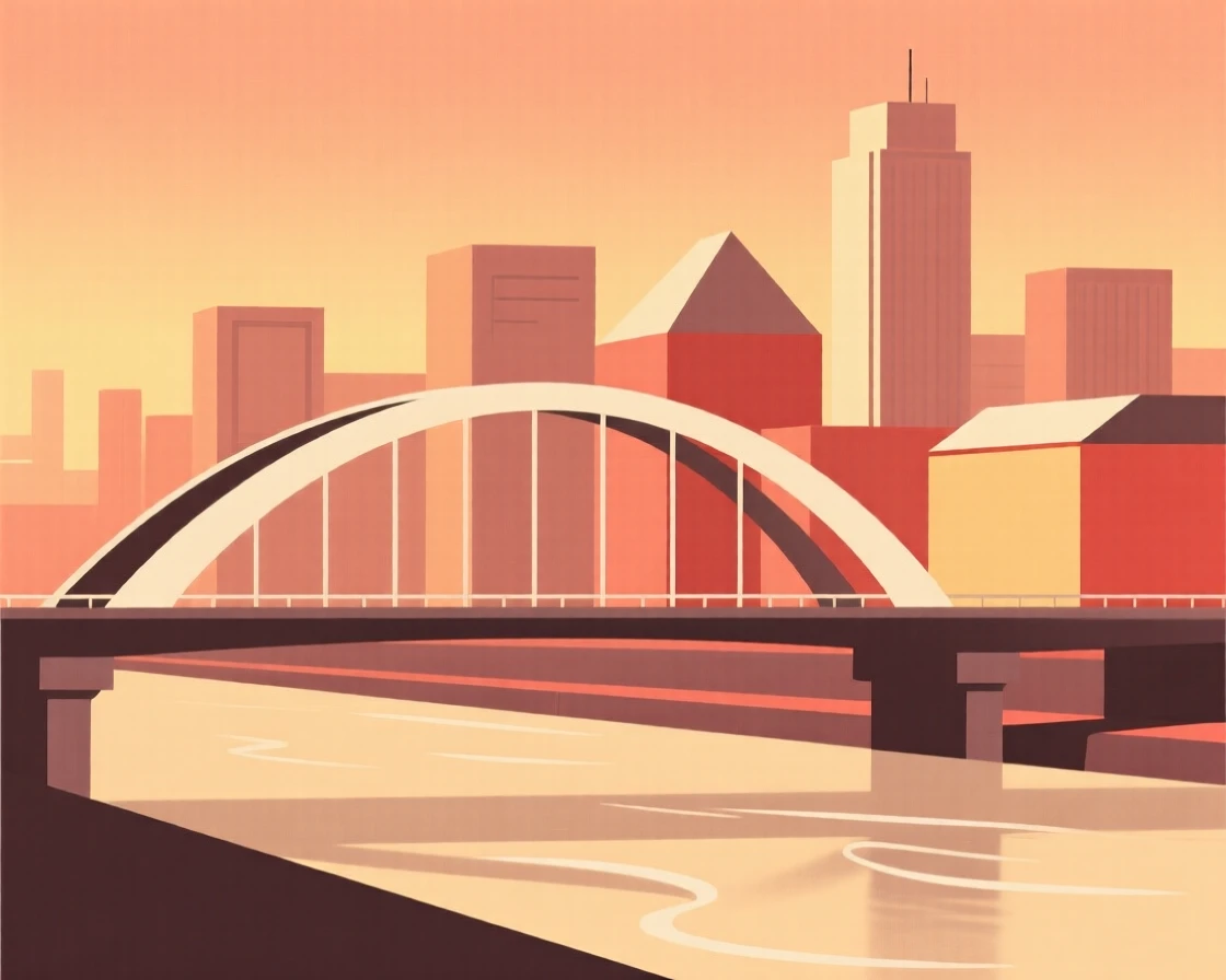 A quiet corner of a bridge arching over a river within a modern city skyline, featuring warm evening light, full of peaceful order.