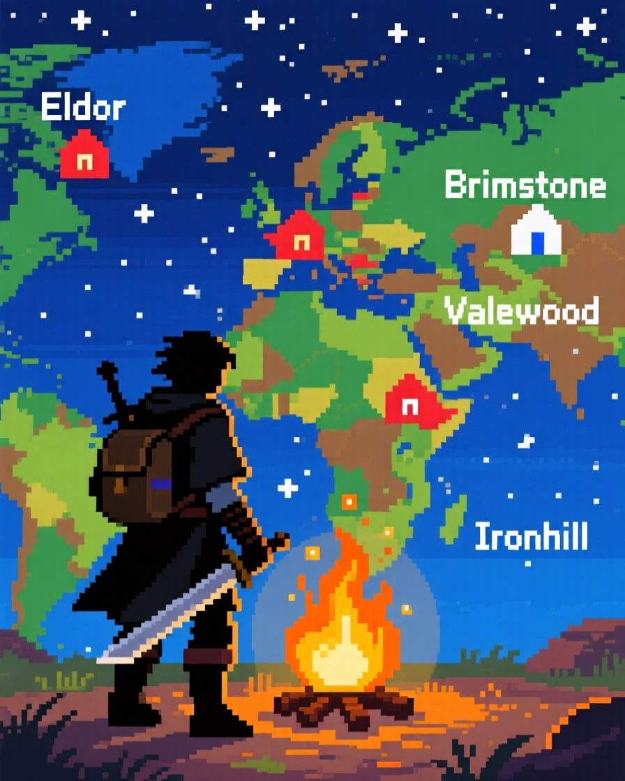 A lone adventurer leveling up beside a campfire under starlight, on a colorful world map dotted with towns.