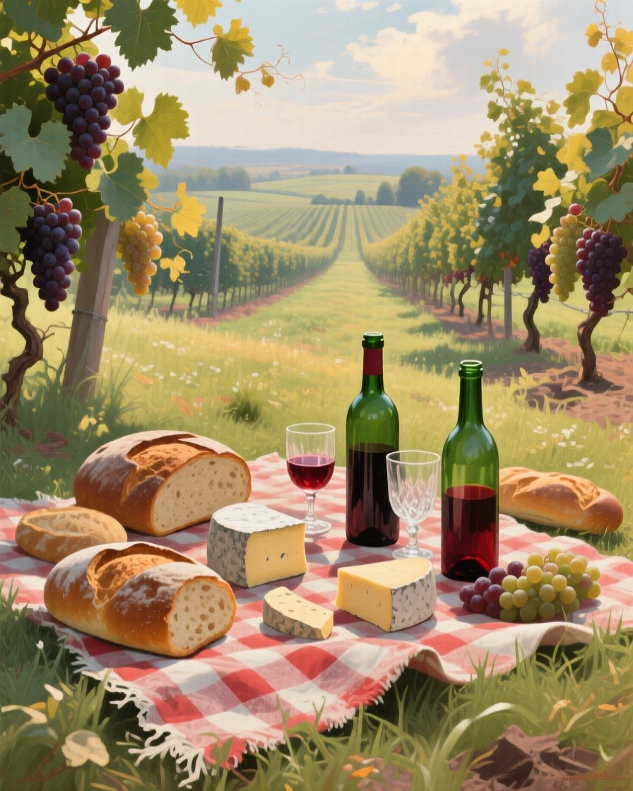 A well-framed scene of a vineyard picnic with bread, cheese, and wine spread on a checkered cloth, during the summer harvest, in the early 1900s.